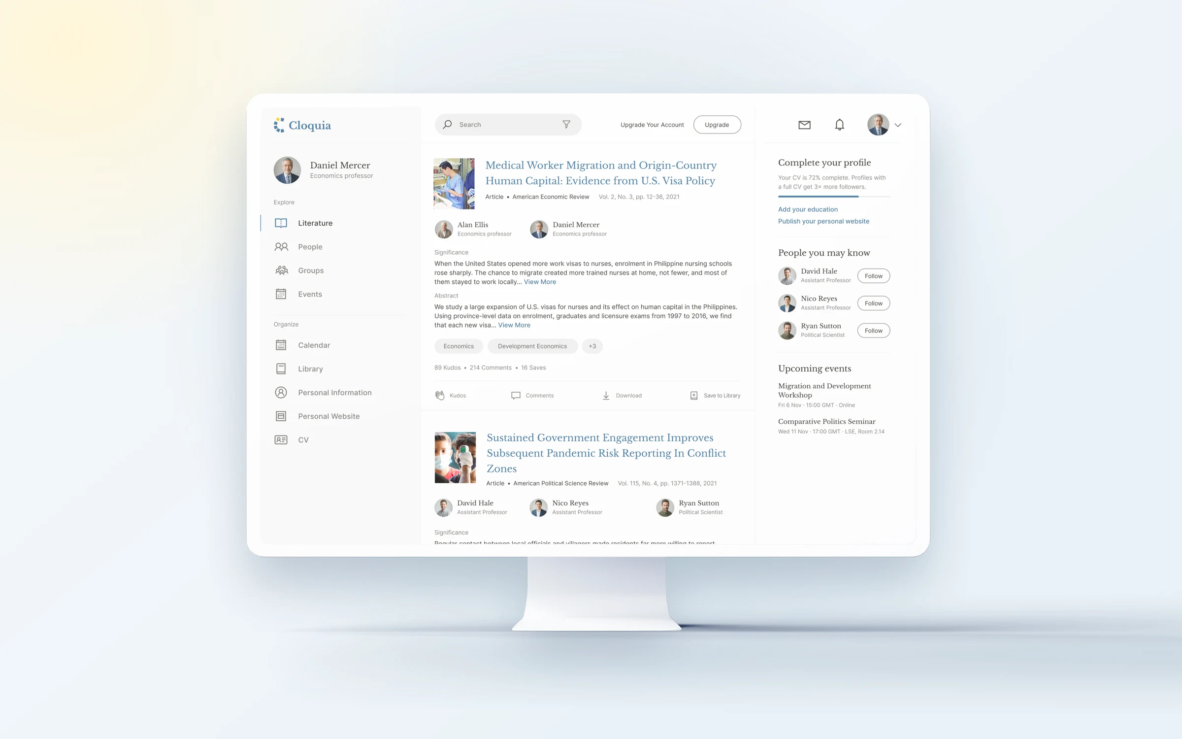 The Cloquia Literature feed on an iMac: a grey sidebar, a paper card with a serif title, authors and a note on why it matters, and a column with profile progress and people to follow