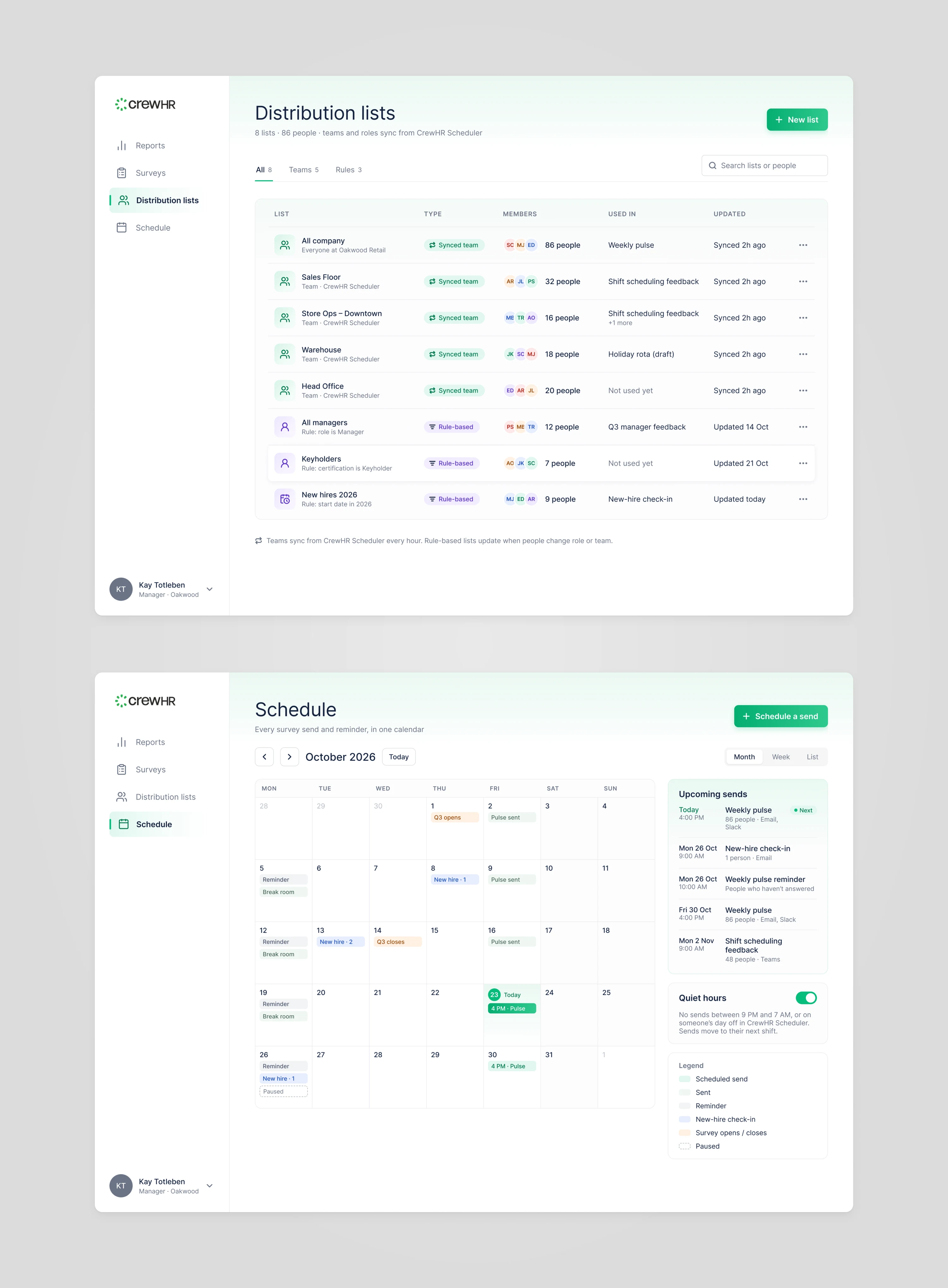 Two CrewHR screens: distribution lists with synced teams and rule-based lists, and the October schedule with weekly pulse sends, reminders and a list of upcoming sends