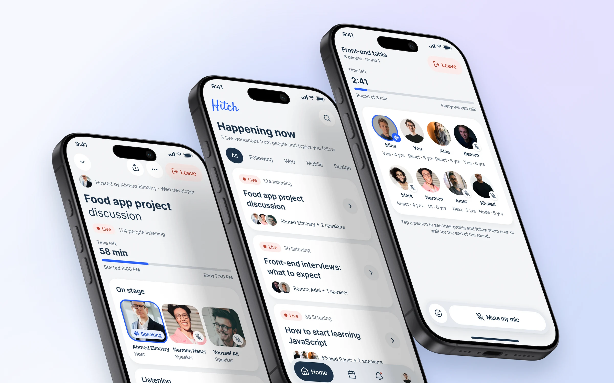 Three iPhones showing the Hitch app: a live workshop with the host speaking on stage and a Raise hand button, the Happening now list of live workshops, and a front-end networking table with eight people and 2 minutes 41 seconds left