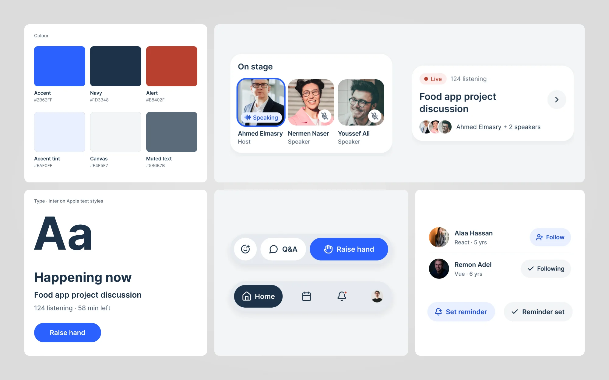 The Hitch style tile: a blue, navy and red colour palette with light tints, Inter type samples, the On stage card with the host speaking, a live workshop card, the room dock with Raise hand, the floating tab bar, follow buttons and reminder buttons
