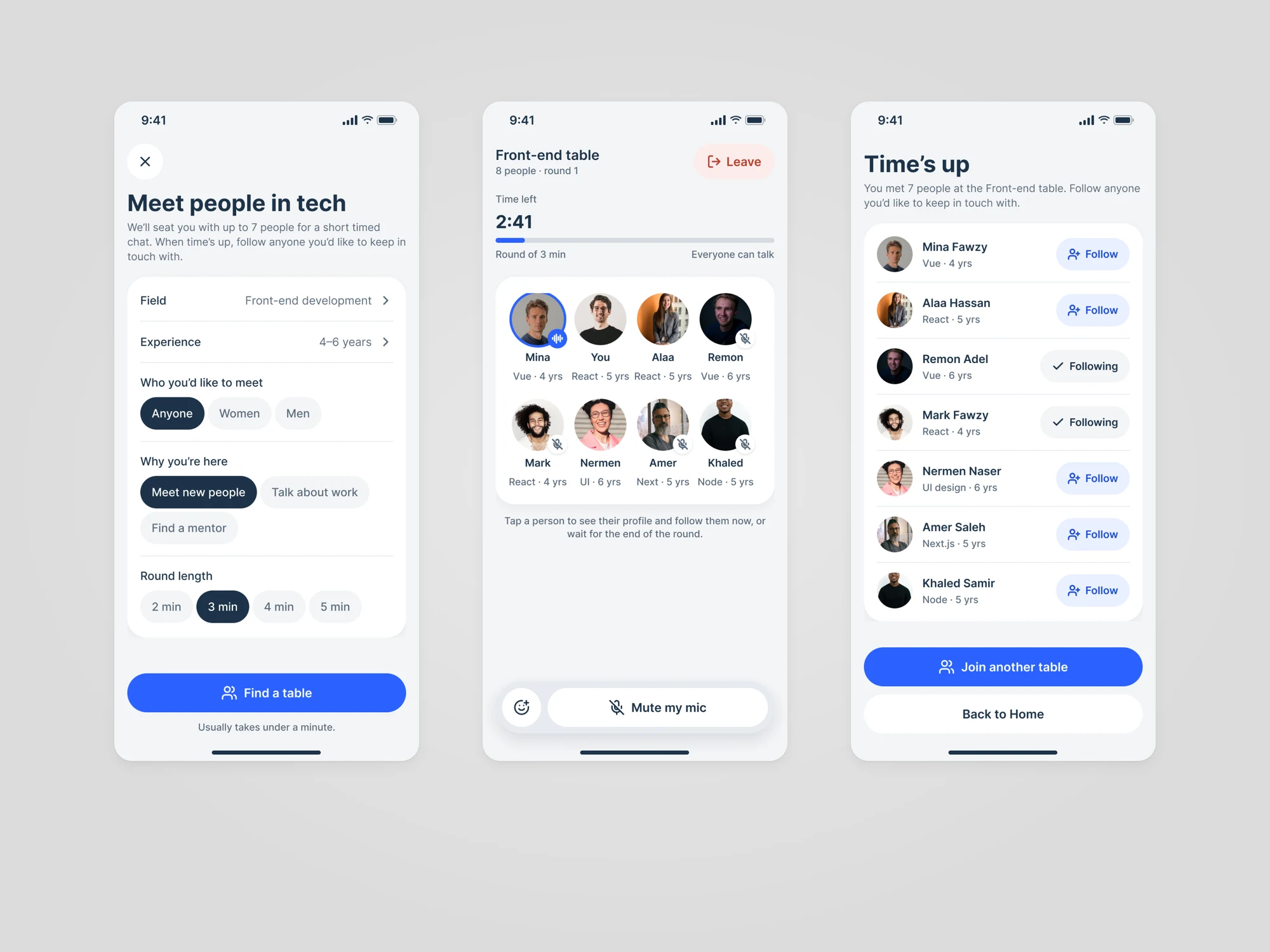 Three Hitch Join a table screens: the setup with field, experience, who you'd like to meet and round length, a front-end table of eight people with 2 minutes 41 seconds left, and the time's up list of seven people to follow