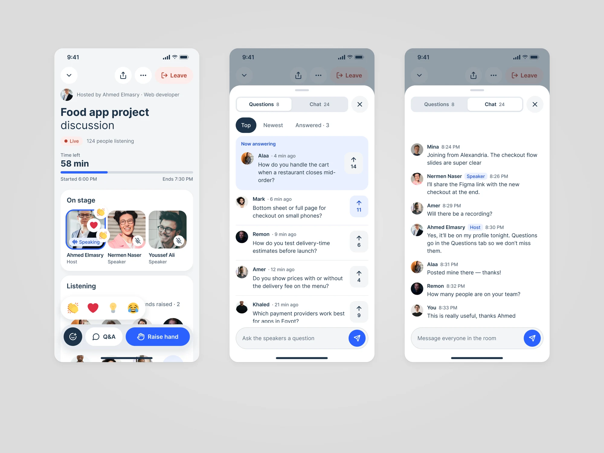 Three Hitch live room screens: the reaction picker with clap, heart, insight and laugh, the Questions sheet with the question now being answered and upvote counts, and the room chat with messages from speakers and listeners