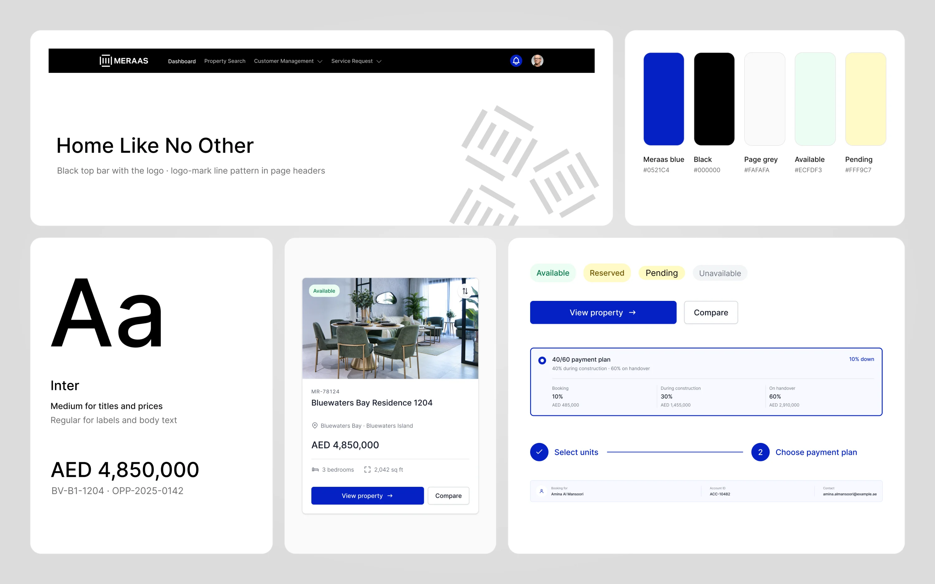 Meraas style tile with the black top bar and logo, the logo-mark line pattern, Meraas blue, black and light grey swatches, Inter type samples, a property card, status tags and a payment plan