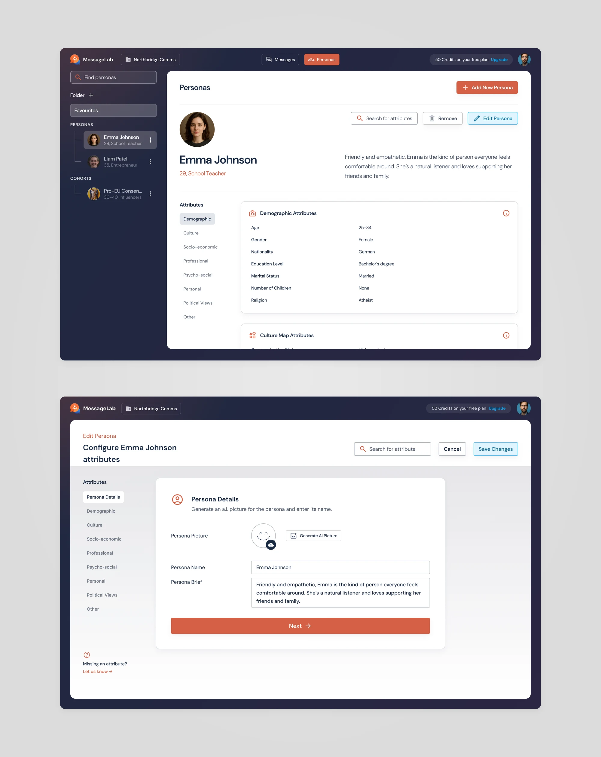 Two MessageLab persona screens: Emma Johnson's profile with her demographic attributes, and the edit persona form with her picture, name and brief