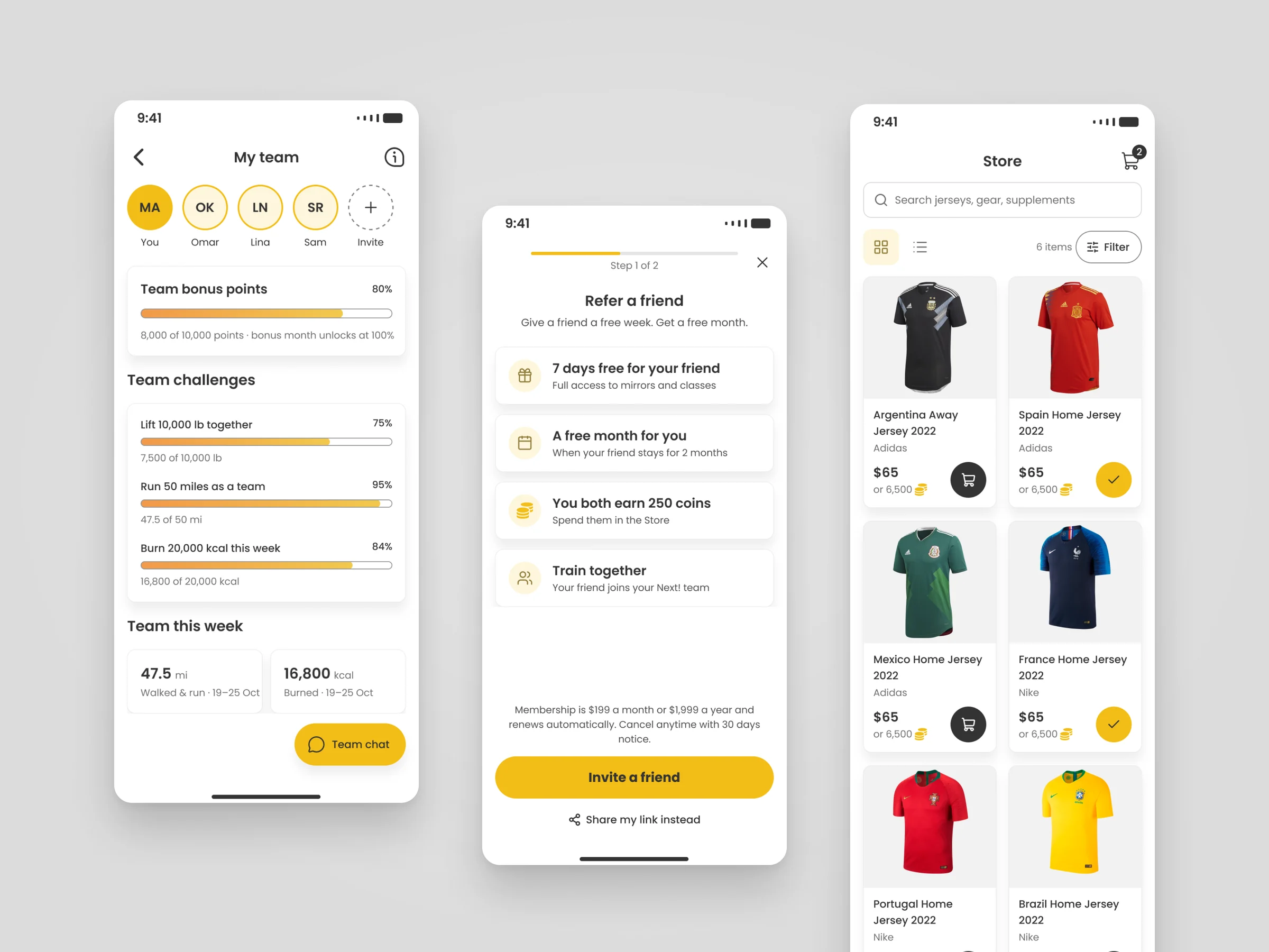 Three screens: the member's team with shared challenges, the refer-a-friend benefits, and the store with jerseys priced in dollars or coins