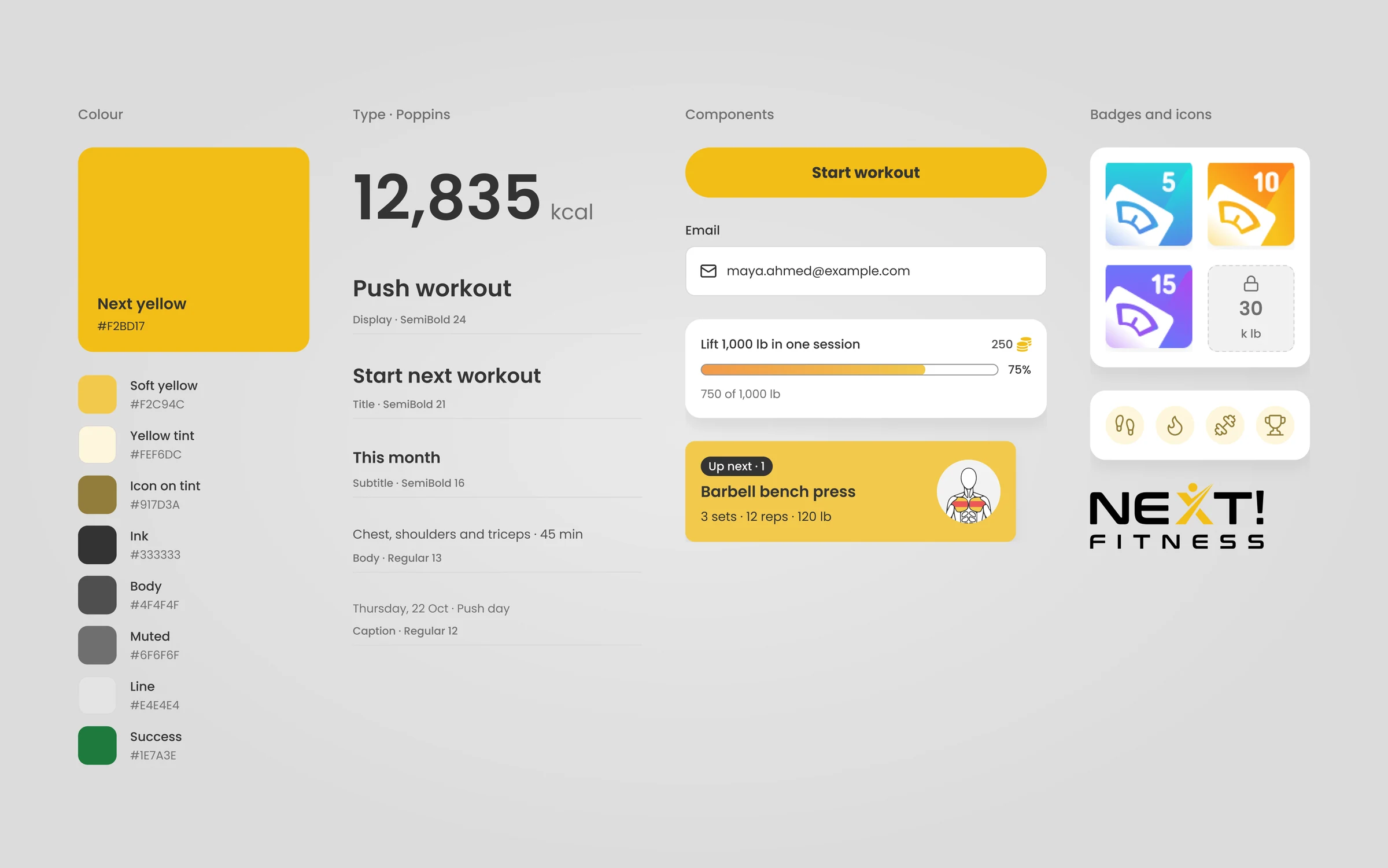 Next! Fitness design language: the yellow palette, Poppins type scale, primary button, email field, goal progress bar, Up next exercise card, achievement badges, icons and the logo