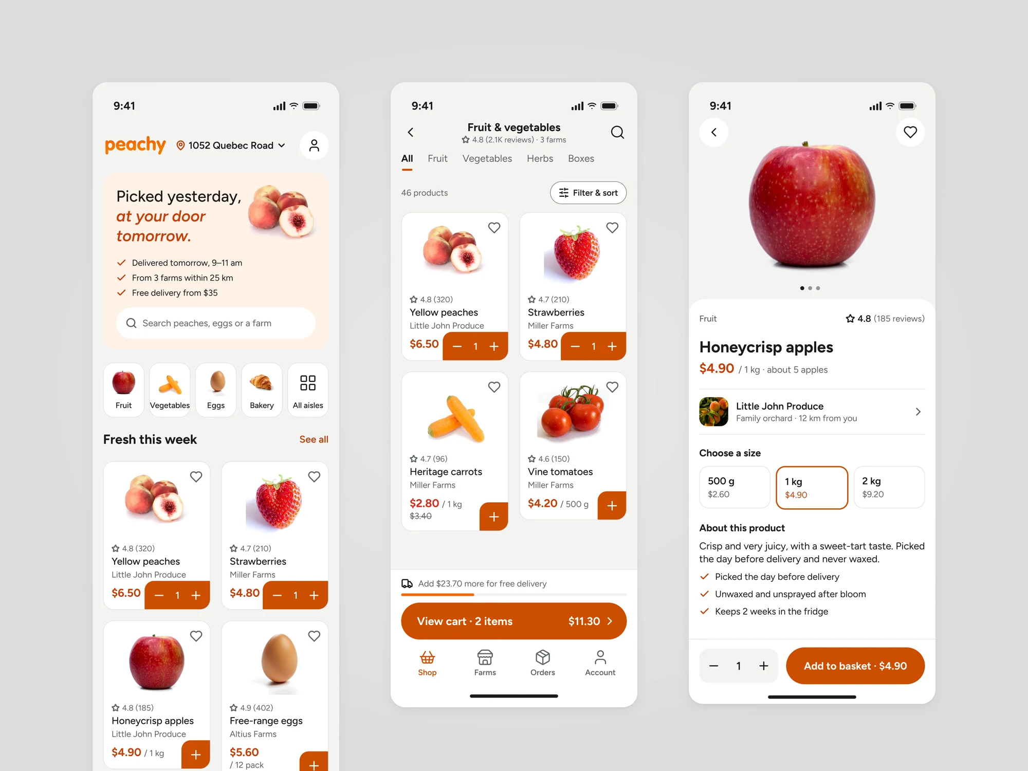 Three Peachy app screens: the home page with tomorrow's delivery slot and aisle tiles, the fruit and vegetables aisle with product cards from each farm, and the Honeycrisp apples product page with size options