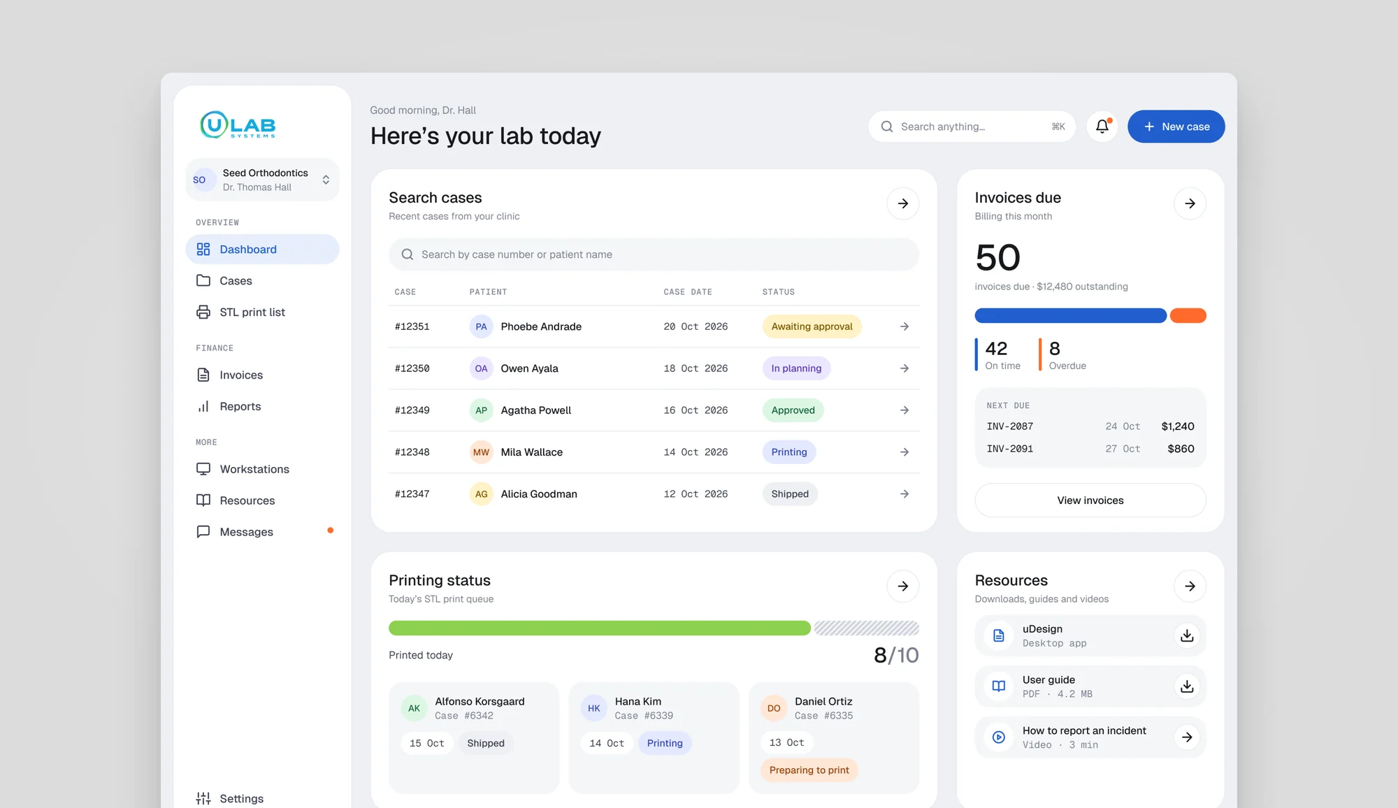 The uLab dashboard with a New case button, recent cases with status labels, invoices due, the print queue and resources