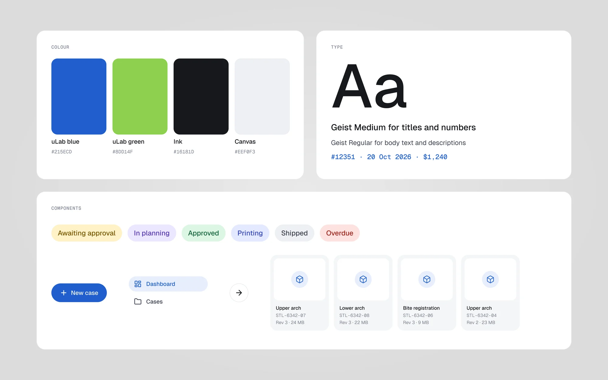 uLab style tile with the blue and green palette, Geist type samples, status labels, a New case button, navigation items and a scan file tile
