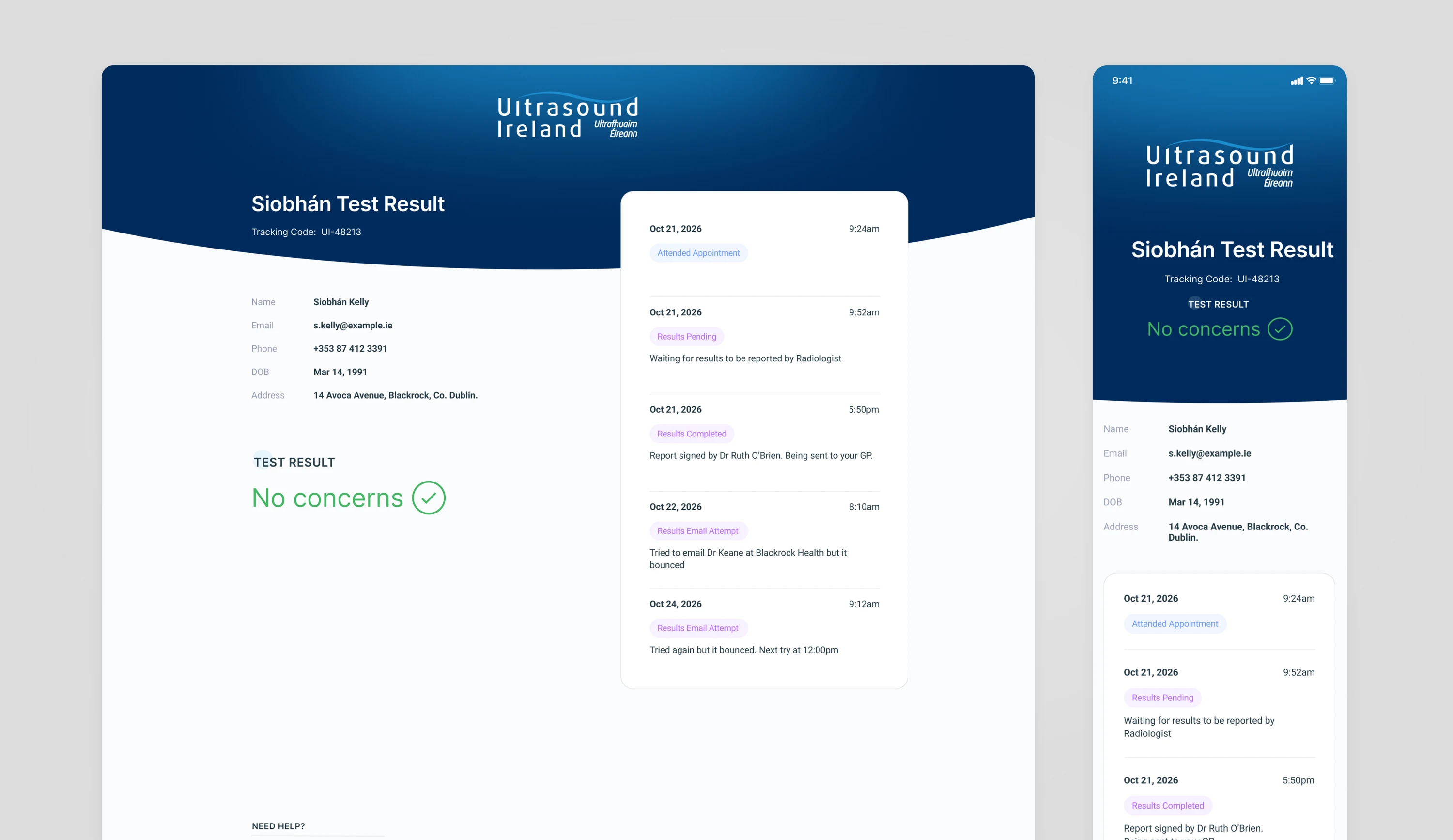 The patient result page on desktop and mobile: a navy header with the Ultrasound Ireland logo, the patient's details and result, and a timeline of steps from the appointment to the report reaching the GP