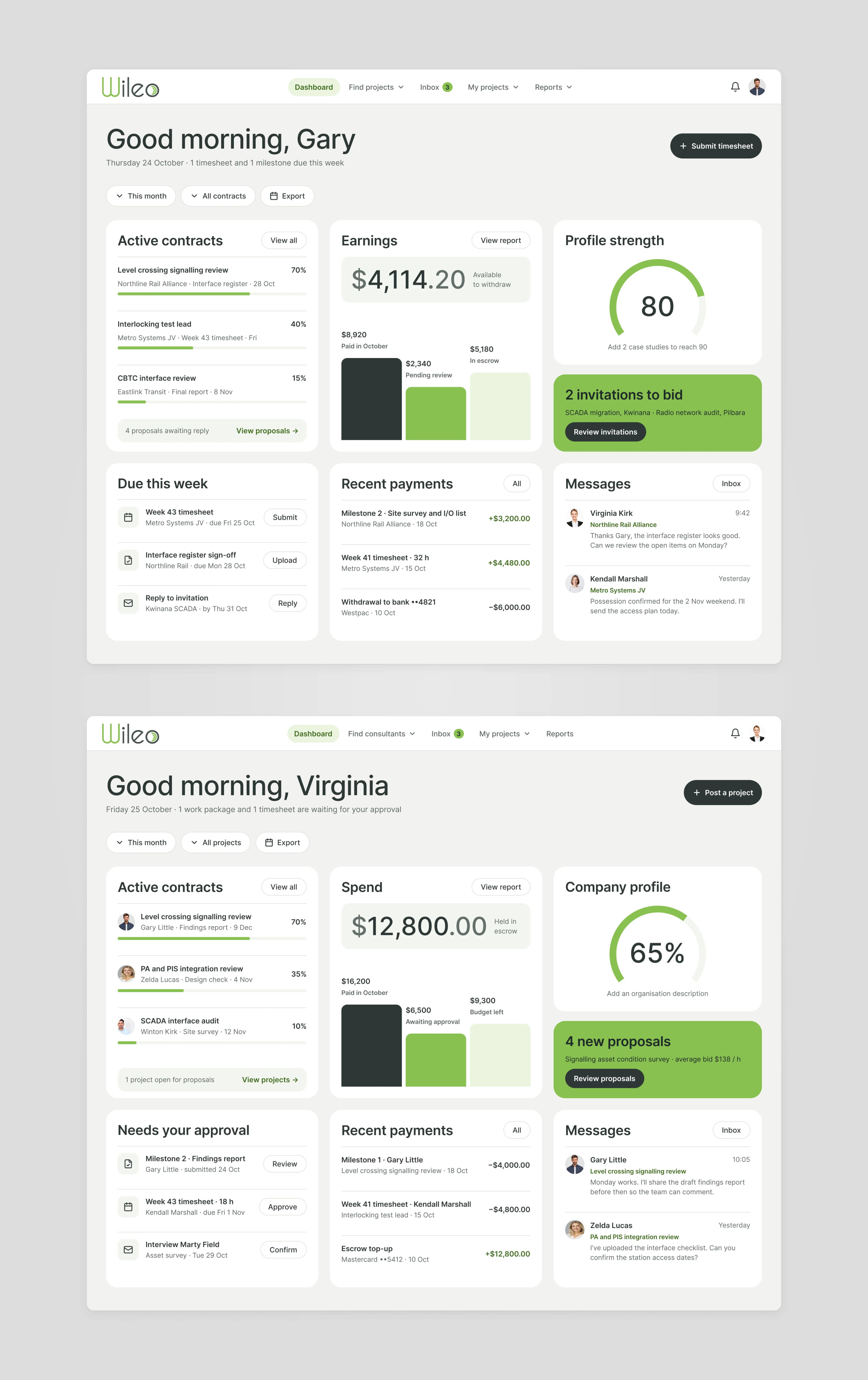 Two Wileo dashboards: a consultant's view with active contracts, earnings and invitations to bid, and a client's view with contracts, spend in escrow, new proposals and work waiting for approval