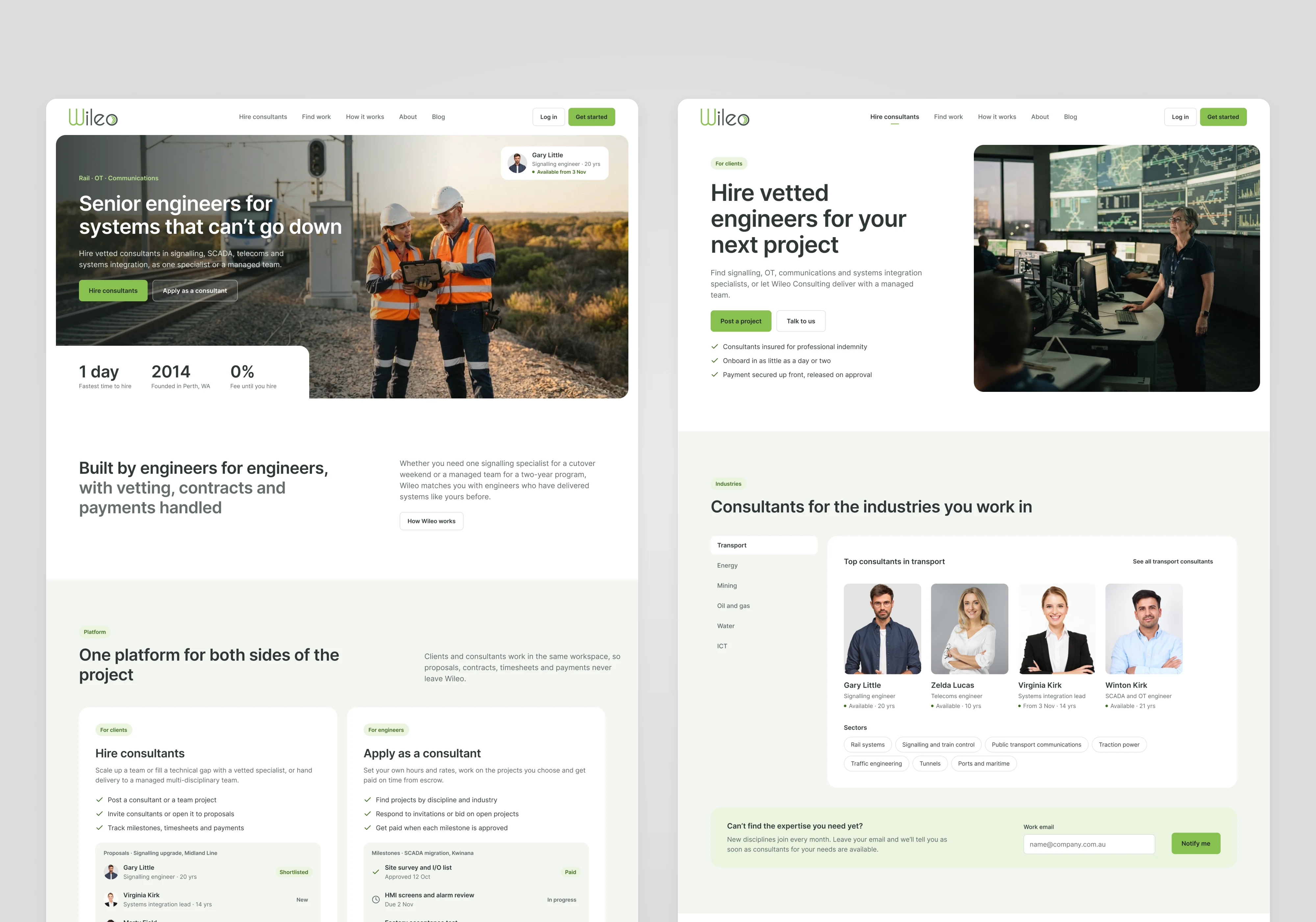Two Wileo website pages: the homepage with a rail photo, proof stats and cards for clients and engineers, and the Hire consultants page with a control-room photo, an industry browser and top consultants